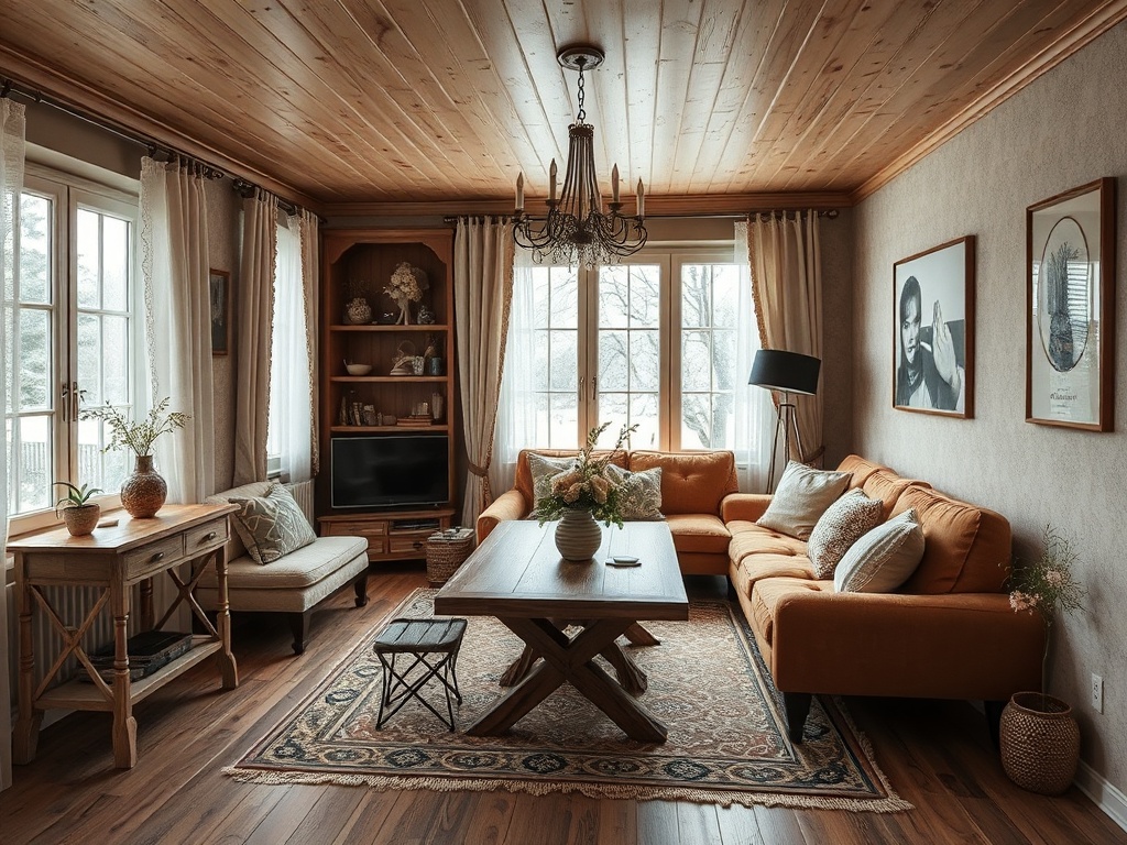 Уютная гостиная с оранжевым диваном, деревянным потолком и большими окнами. Уголки декора добавляют шарм.