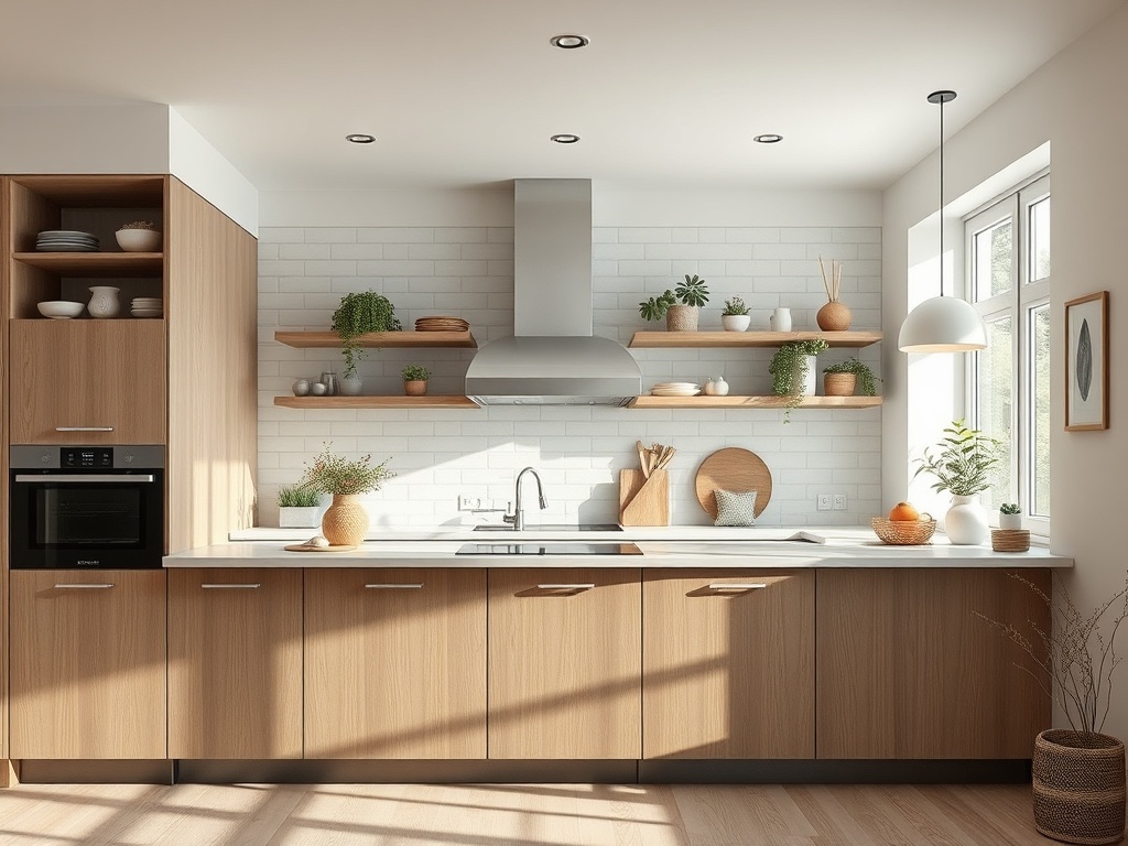 Современная кухня с деревянными шкафами, открытыми полками и множеством зелени на столе и стенах.