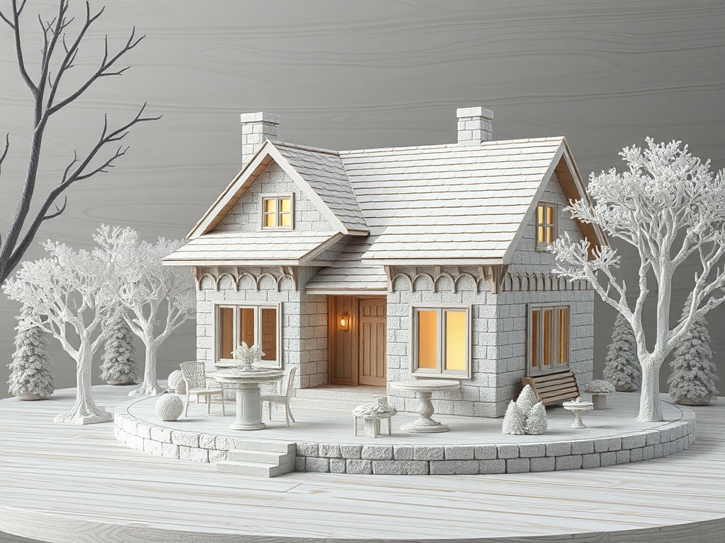 Модель уютного дома с зимним ландшафтом, украшенная снежными деревьями и уличной мебелью.