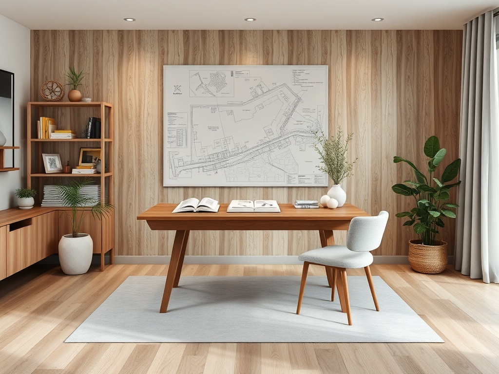 Современный кабинет с деревянным столом, растениями и картой на стене. Уютная атмосфера домашнего офиса.