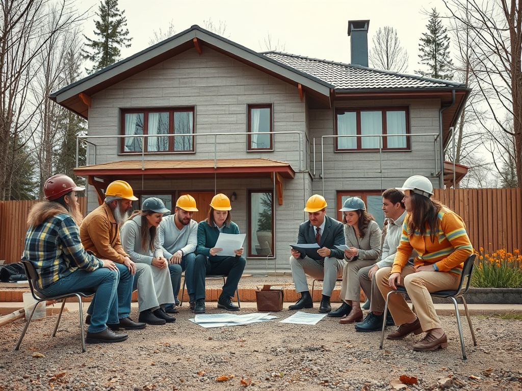 Группа людей в касках обсуждают планы строительства рядом с домом. Осень, на улице.
