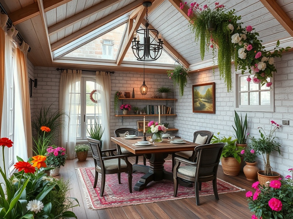 Светлая гостиная с деревянным столом, окружённая зеленью и цветами, с большими окнами и уютным освещением.