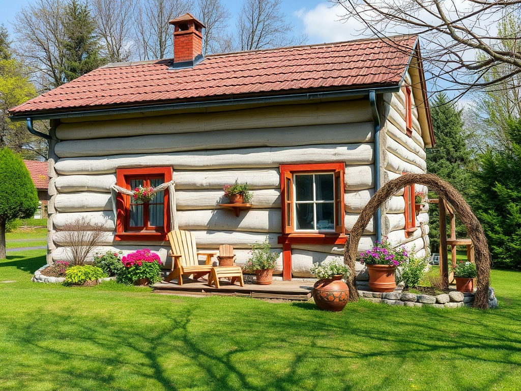 Деревянный дом с красной крышей, окружённый зелёной травой и цветами, с уютной веранды на переднем плане.