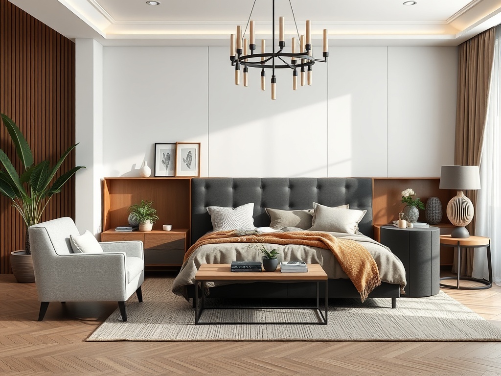 Современная спальня с уютной мебелью, деревянными элементами и зелеными растениями в светлом интерьере.