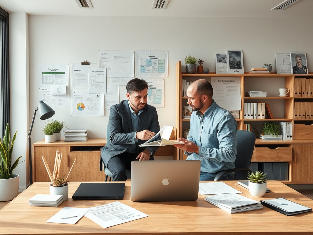 Два мужчины обсуждают документы в офисе, сидя за деревянным столом с ноутбуком и бумагами.