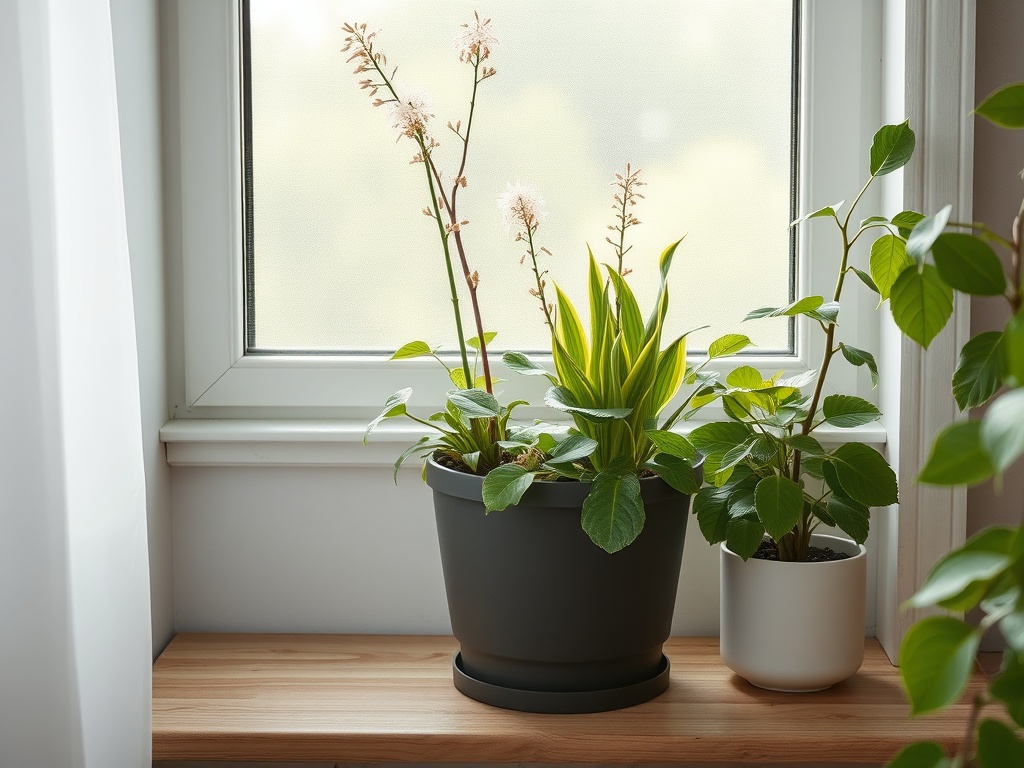 На подоконнике стоят зеленые растения в горшках, светит мягкий свет из окна.