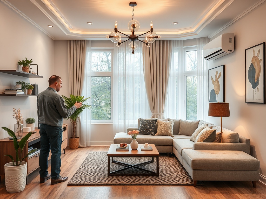 Мужчина стоит в уютной гостиной с диваном, столом и зелеными растениями, у окна с ярким освещением.
