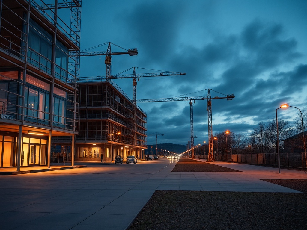 Улица с современными зданиями и строительными кранами на фоне вечернего неба. Мягкое освещение.