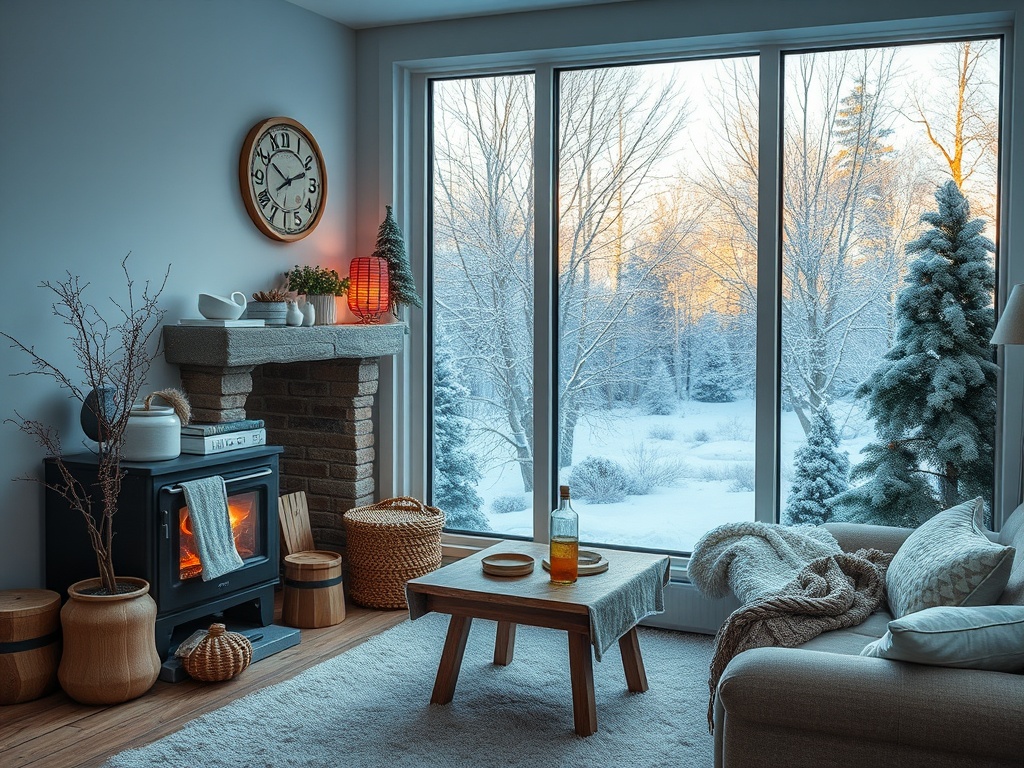 Уютная гостиная с камином и зимним видом за окном, наполненная светом и теплом.