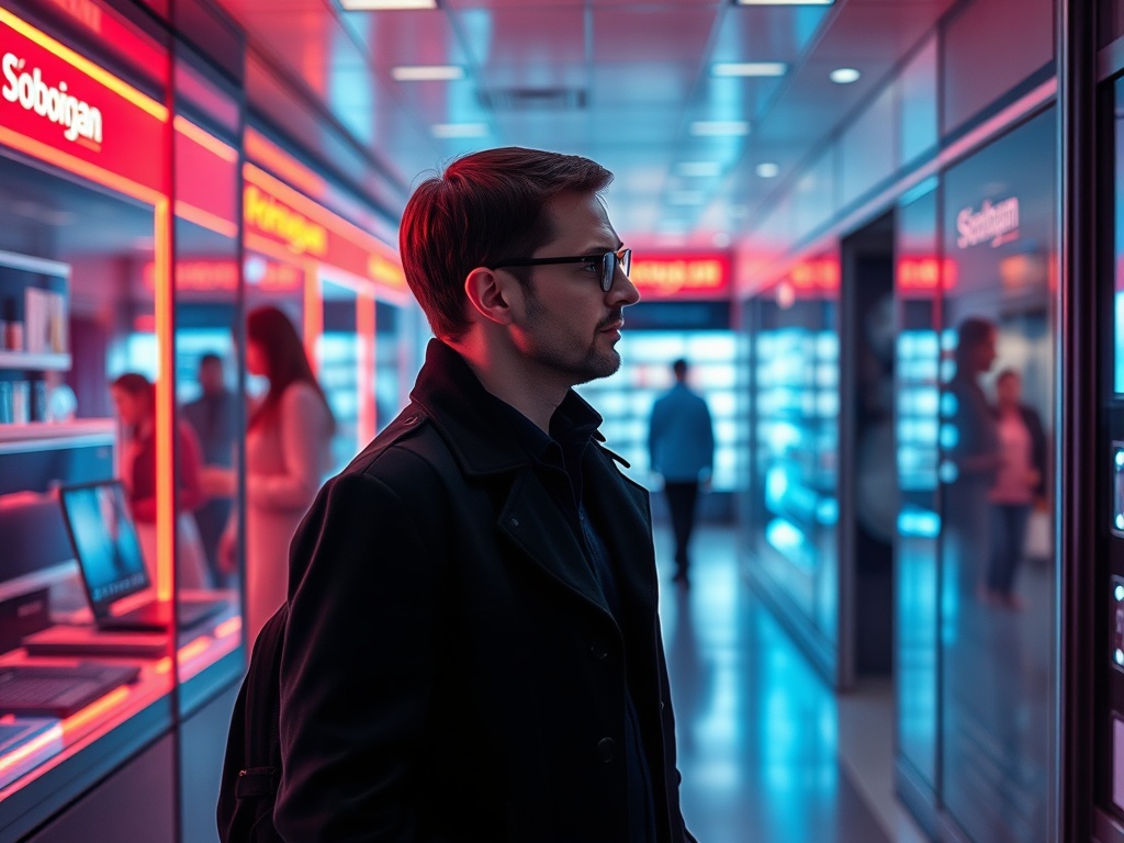 Мужчина в очках стоит в магазине, окружённый яркими световыми вывесками и витринами с товарами.