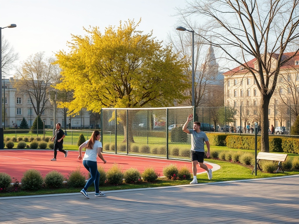На фото три человека, занимающихся бегом на спортивной площадке в солнечном парке.