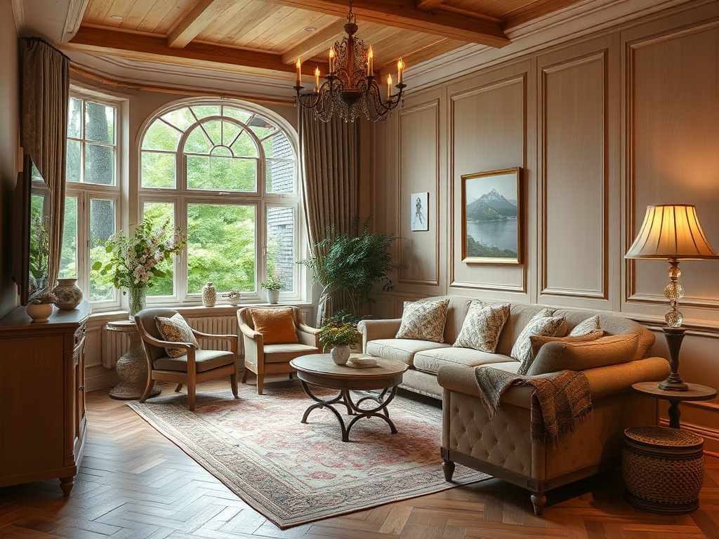 Уютная гостиная с большим окном, мягкой мебелью и красивыми декоративными элементами.