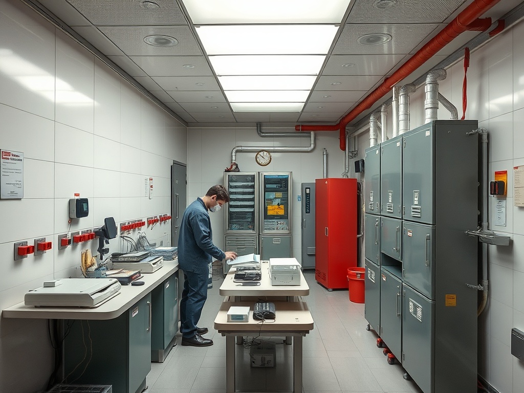 Мужчина работает в лаборатории, окружённый компьютерами и оборудованием, в современном офисном интерьере.