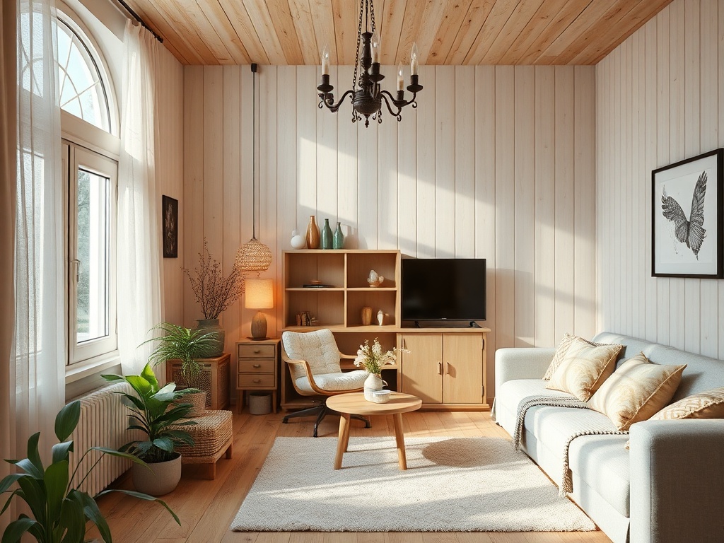 Светлая гостиная с деревянными стенами, мягким диваном, растениями и уютной обстановкой.