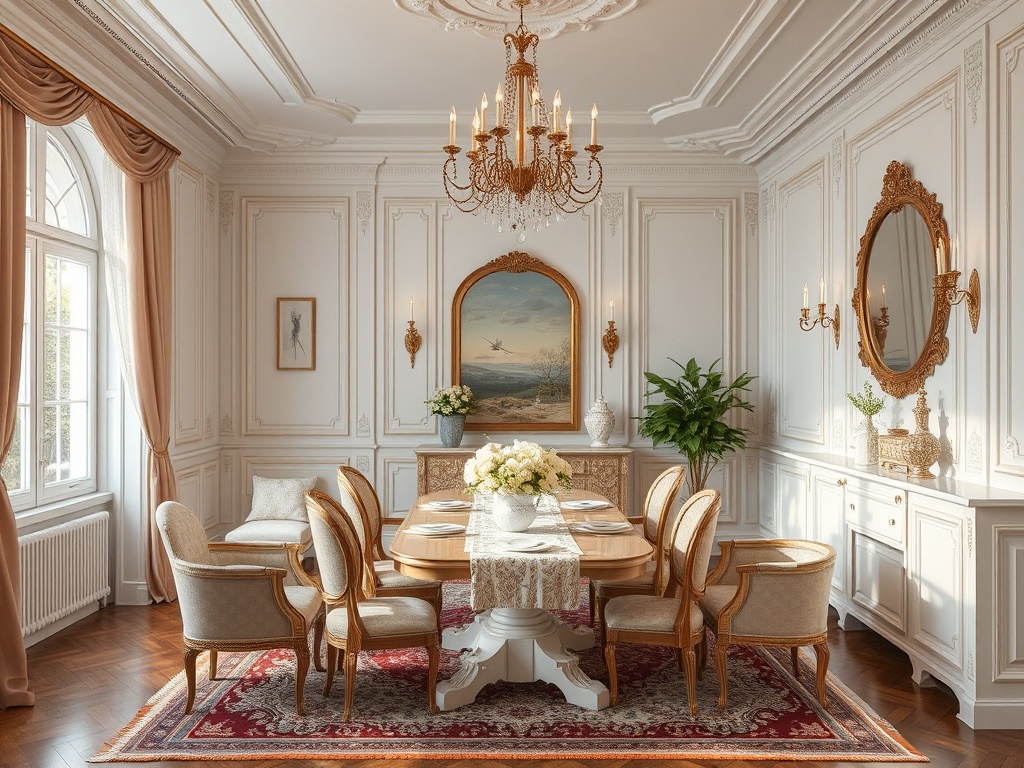 Элегантная столовая с деревянным столом, роскошными стульями и chandeliers, оформленная в светлых тонах.