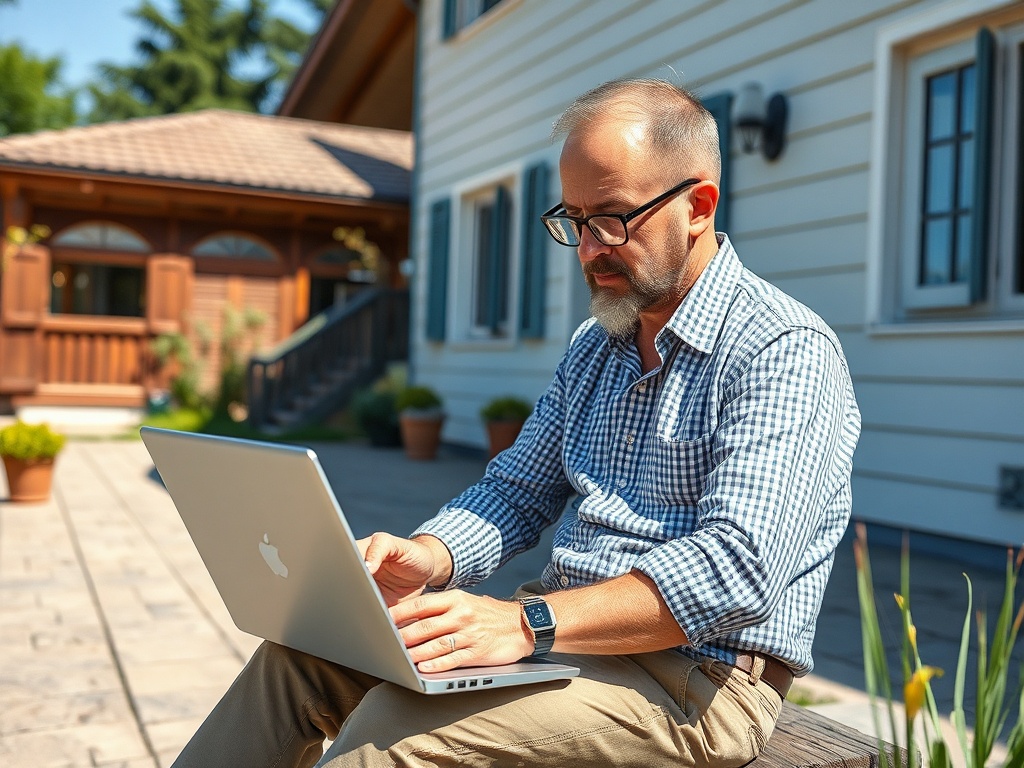 Мужчина со светлой бородой работает на ноутбуке на улице рядом с загородным домом.