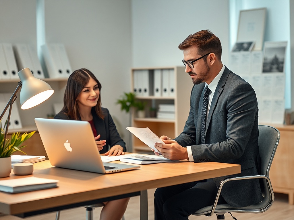 Два человека в офисе обсуждают документы за столом. На столе ноутбук и настольная лампа.