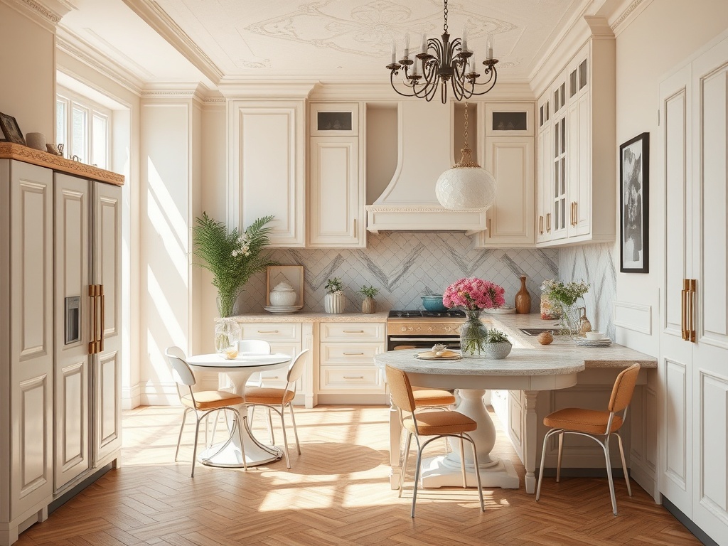 Современная кухня с белыми шкафами, округлым столом, стильными стульями и яркими цветами на столе.