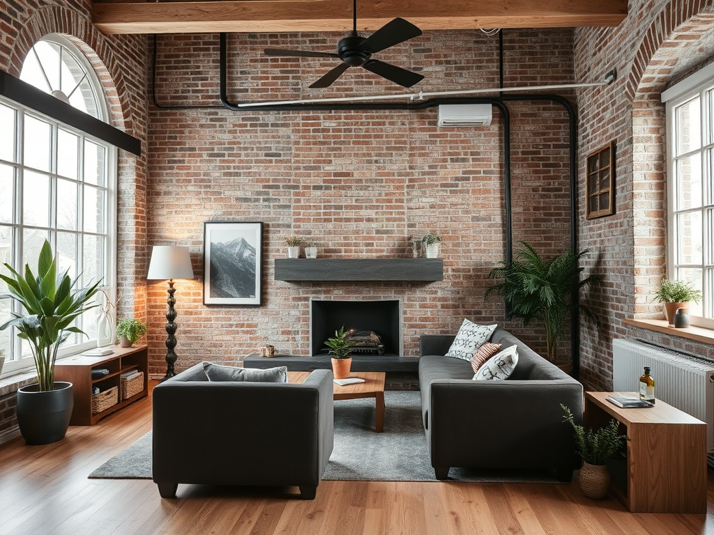 Современный уютный интерьер с кирпичной стеной, зелеными растениями и комфортной мебелью.