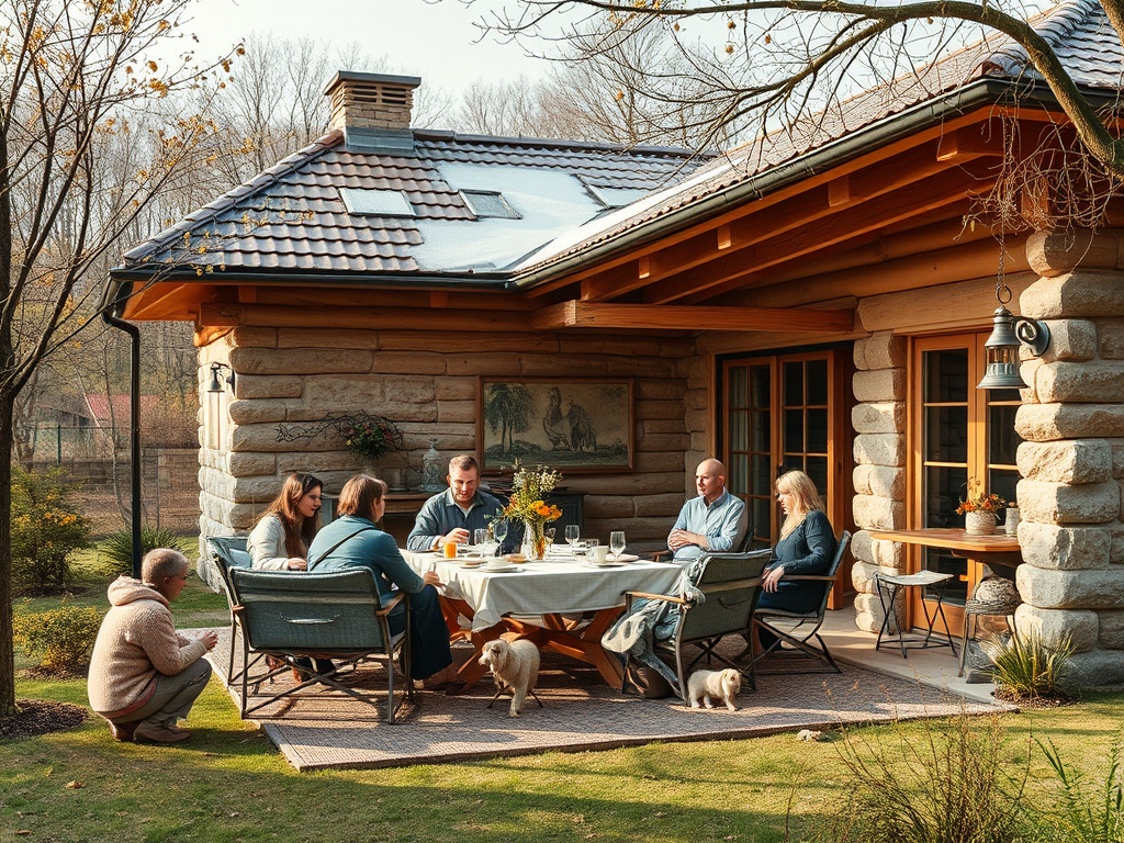 Группа людей сидит за столом на веранде дома, наслаждаясь обедом на свежем воздухе, рядом с собакой.