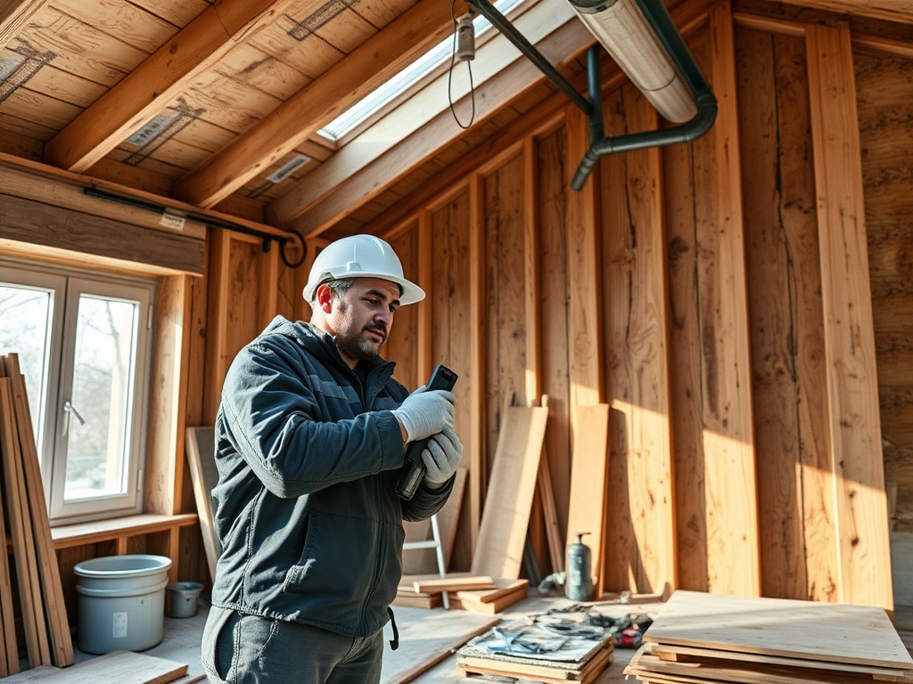 Рабочий в строительной мастерской использует телефон, окружённый деревянными строительными материалами.