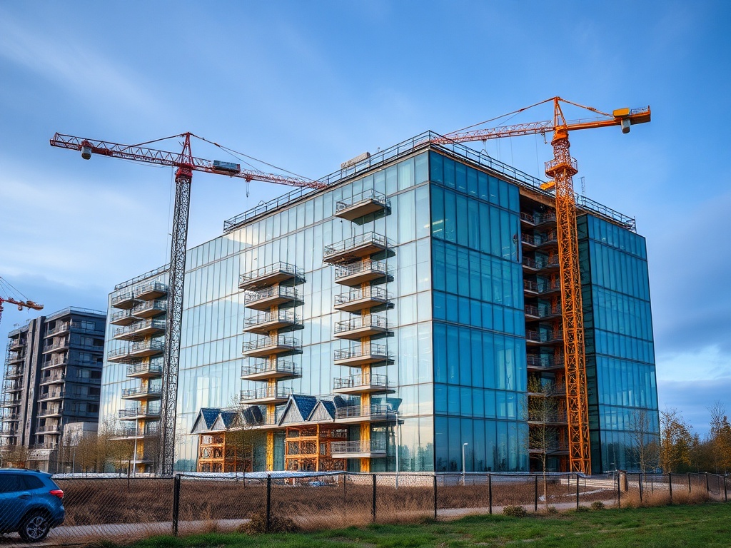 Современное здание с балконами и строительными кранами под голубым небом. Сторона здания из стекла.