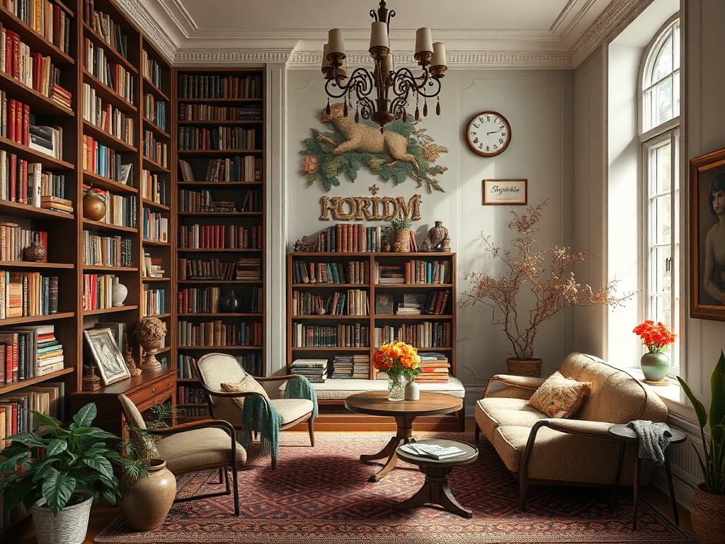 Уютная библиотека с книжными шкафами, удобной мебелью и яркими цветами на столе. Спокойная атмосфера.