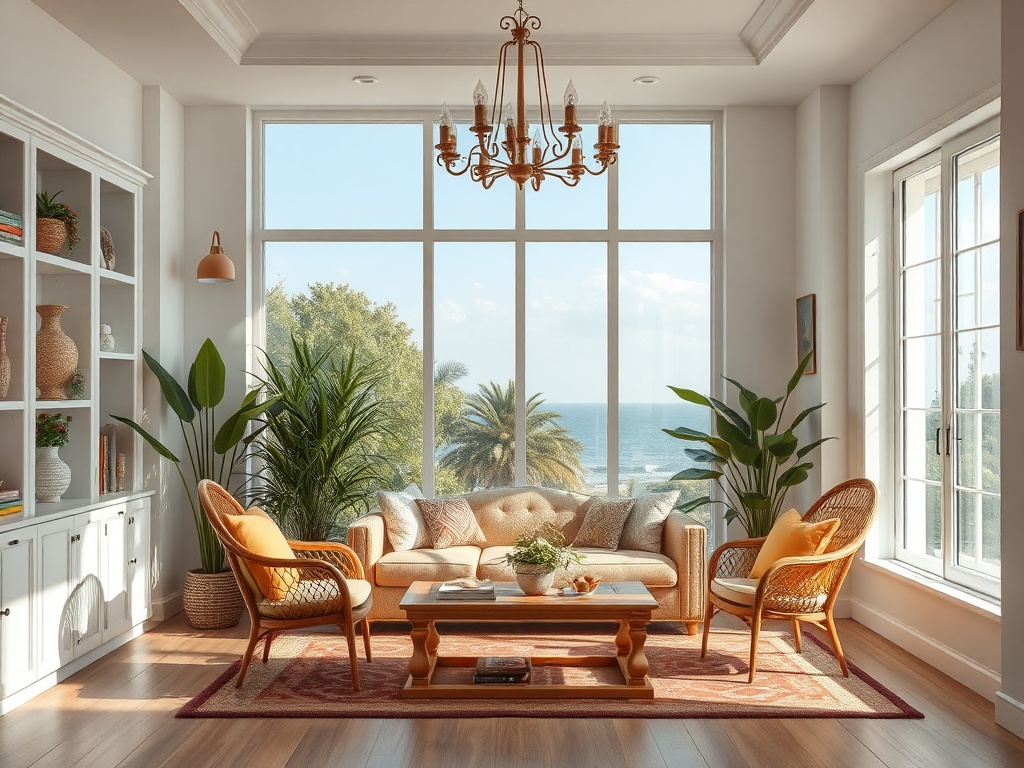 Светлая гостиная с большими окнами, видами на море, зелеными растениями и уютной мебелью.