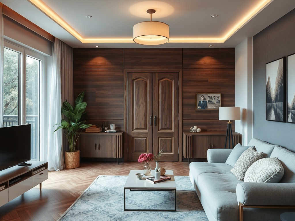 Современная гостиная с деревянными стенами, мягким диваном и растениями у окна. Уютная атмосфера.