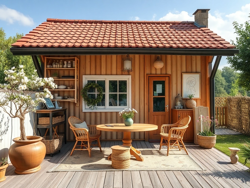 Уютный домик с красной крышей, деревянным фасадом и стильной террасой с растениями и удобной мебелью.