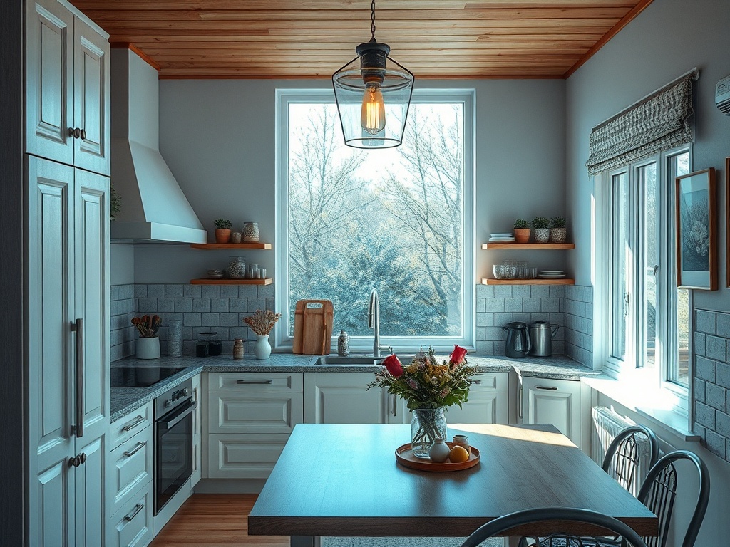 Современная кухня с окнами, деревянным потолком и столом, украшенным цветами и фруктами.