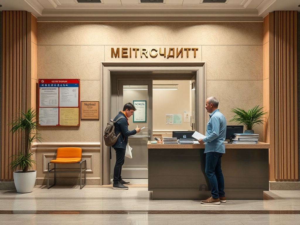 На фото современное офисное пространство с стойкой регистрации и двумя мужчинами. Одна дверь ведет в другой кабинет.