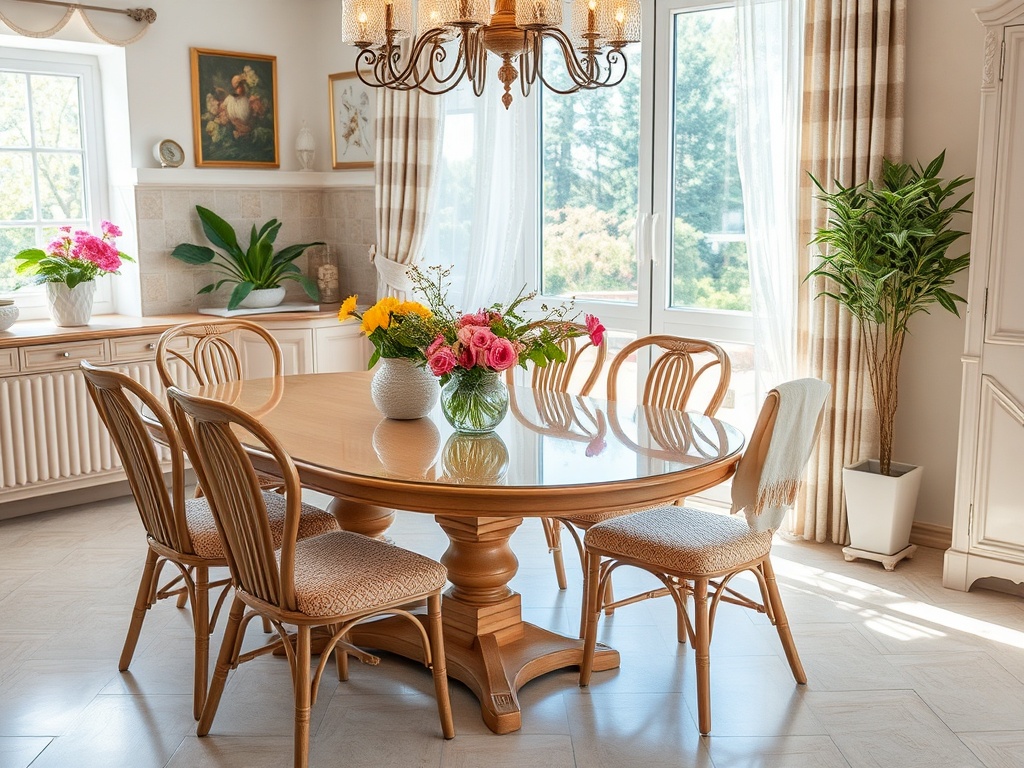 Светлая кухня с деревянным столом, стульями и вазой с цветами на фоне окна и зелени.