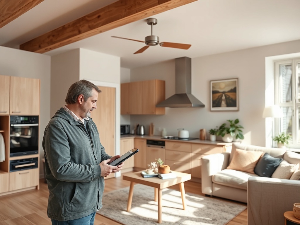 Мужчина стоит с планшетом в современном светлом интерьере кухни-гостиной.