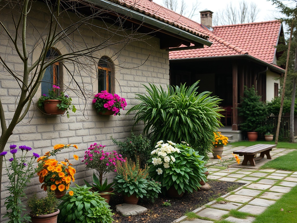 Сад с цветами у дома, клумбы с яркими растениями и уютная веранда на фоне зелени.