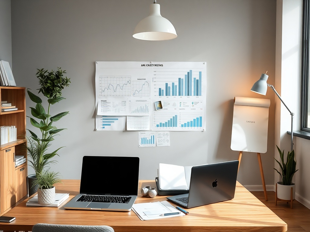 Офисное пространство с графиками, ноутбуками и зелеными растениями на столе. Комфортная и современная обстановка.