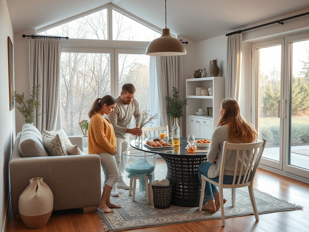 Трое людей наслаждаются общением за столом в уютной комнате с большими окнами. На столе закуски и напитки.